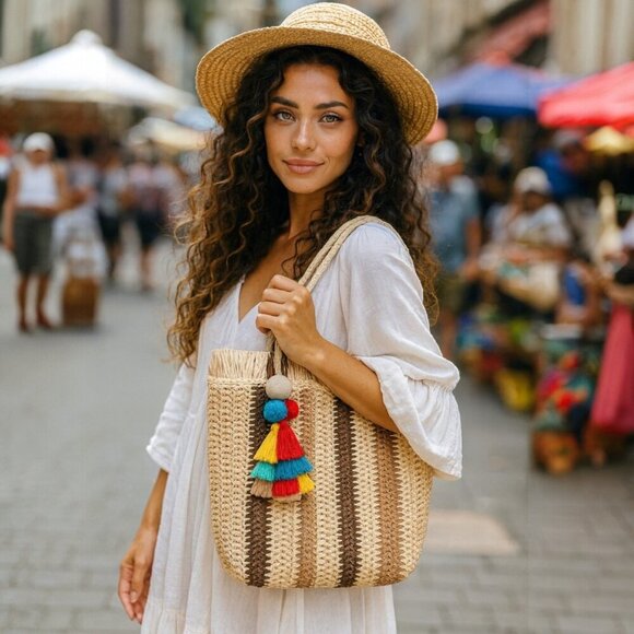 🆕️Boho Chic Straw Tote Bag Colorful Tassel Beach Bag Vacay Summer Fringe Woven - Picture 3 of 13